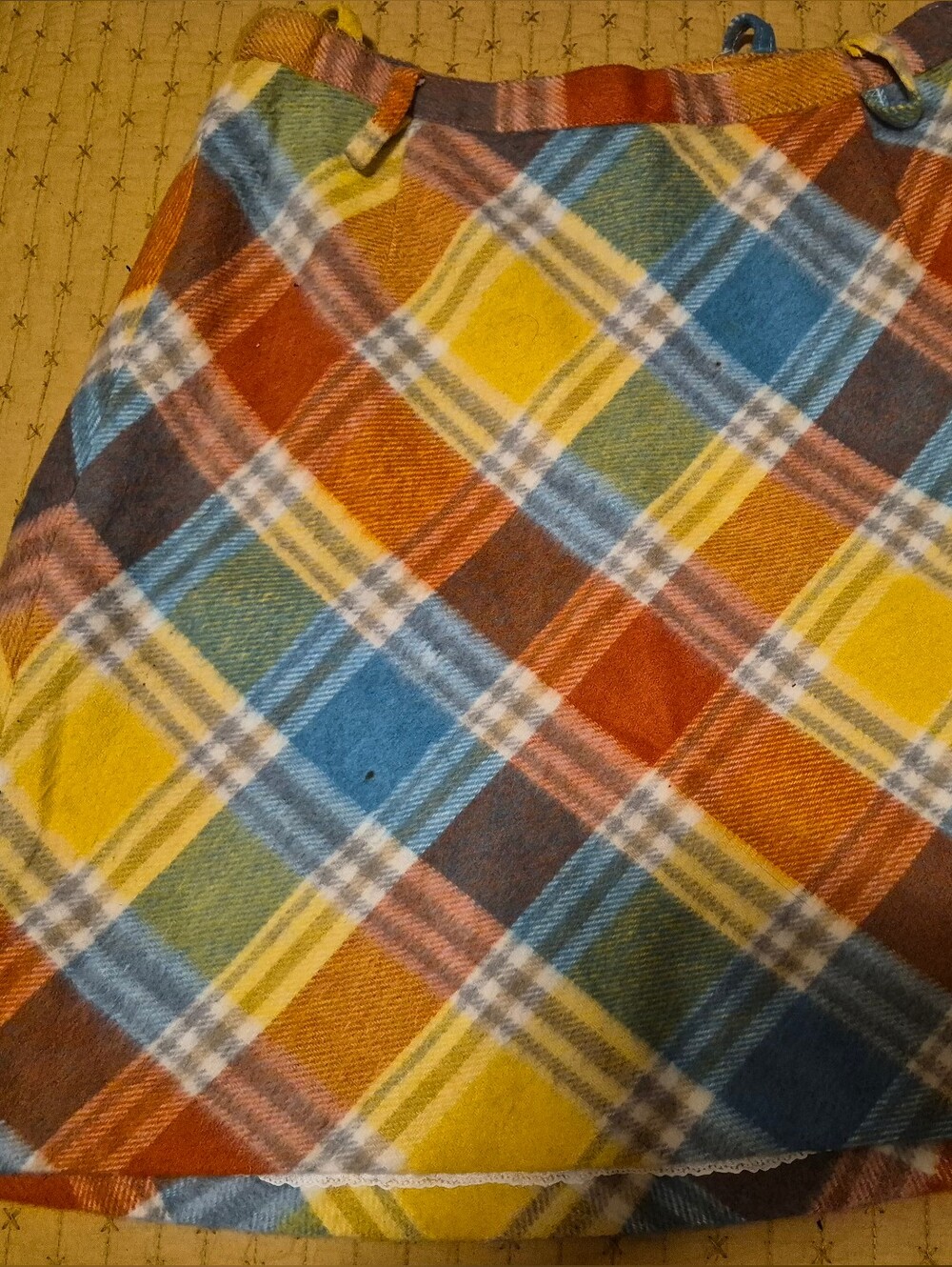 Vintage 60s Bright Plaid Wool Mini Skirt in Yellow, Blue & Orange